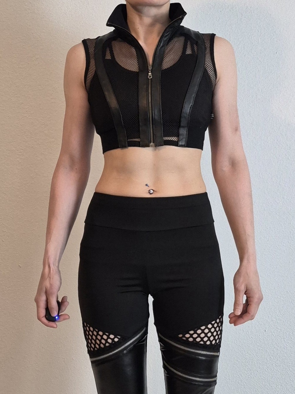 Buddhaful Edgy Faux Leather Black Mesh Zip Crop Top Size S